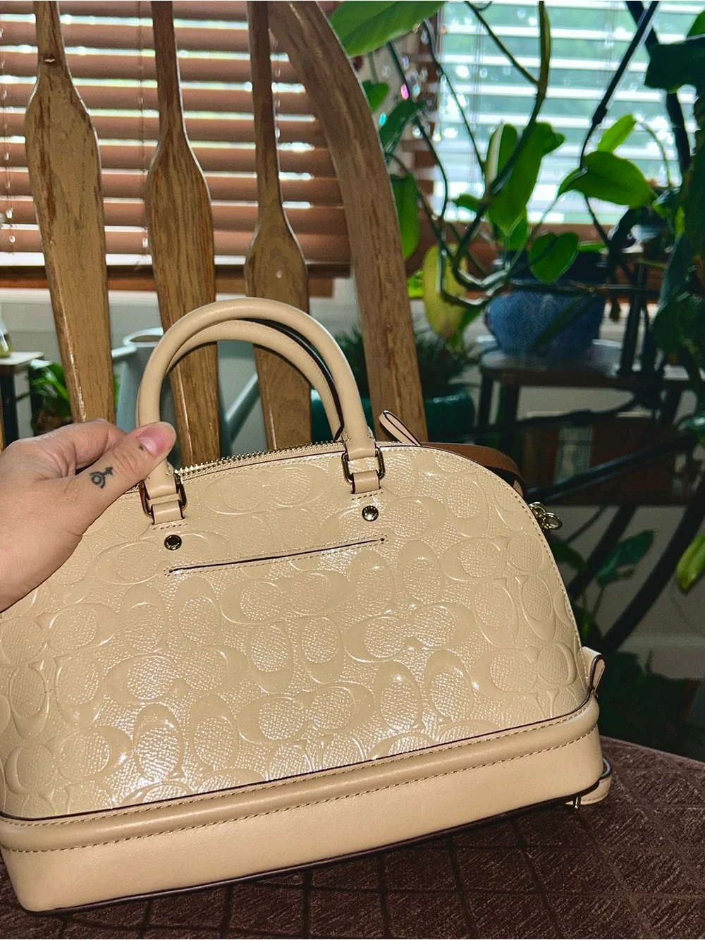 Coach Classic Katy Cream Dome Satchel with Signature Embossing and Gold Hardware